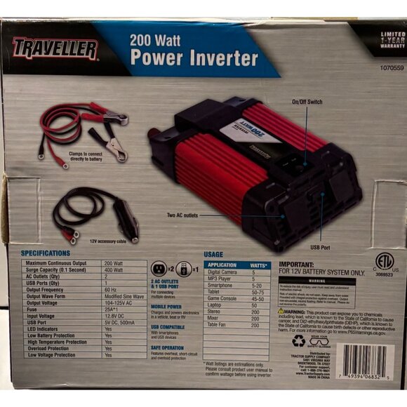 Traveller 200 Watt Power Inverter With USB & AC Outlets For Vehicle Boat Or RV - Picture 2 of 4